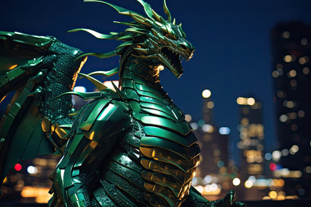 Chinese wooden dragon as a symbol of 2024 on the city background. Generative aiの素材