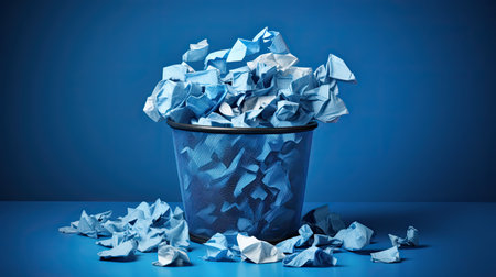 Basket full of crumpled paper, on blue background. Generative aiの素材