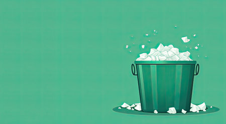 Flat illustration of green basket full of crumpled paper, on green background. Generative aiの素材
