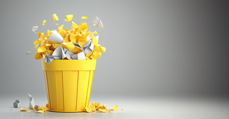 Pink basket full of crumpled yellow paper, isolated on grey background with copy space. Generative aiの素材