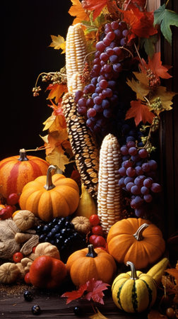 Thanksgiving day fall still life with pumpkins, corns and leaves, vertical orientation. Generative aiの素材