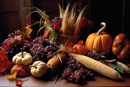 Thanksgiving day fall still life with pumpkins, corns and grapes on the wooden table. Generative aiの素材