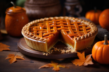 Cut thanksgiving pumpkin pie revealing a rich golden spiced filling is elegantly served on a rustic wooden table garnished with autumn leavesの素材