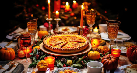 Thanksgiving pumpkin pie is elegantly served with candles on a rustic wooden tableの素材