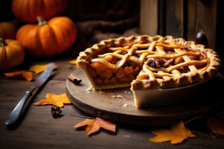 Cut pumpkin pie revealing a rich golden spiced filling is elegantly served on a rustic wooden table garnished with autumn leaves. The soft glow of natural light from the window enhances the warm hues and creates a cozy atmosphereの素材