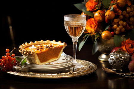 Half cut pumpkin pie revealing a rich golden spiced filling is elegantly served on a rustic wooden table garnished with autumn flowers. The soft glow of natural light enhances the warm hues and creates a cozy atmosphereの素材
