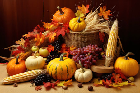 Thanksgiving day fall still life with pumpkins, corns and grapes. Generative aiの素材
