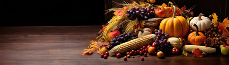 Thanksgiving day fall still life with pumpkins, corns and grapes with copy space. Generative aiの素材