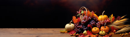 Thanksgiving day fall still life with pumpkins, corns and grapes with free space. Generative aiの素材