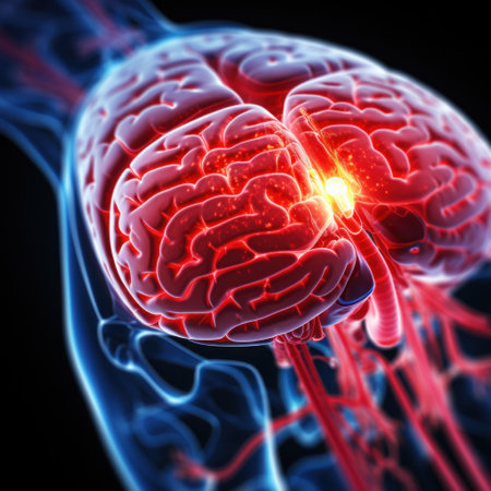 Close-up of a human brain with a red area showing the focus of pain. Generative aiの素材