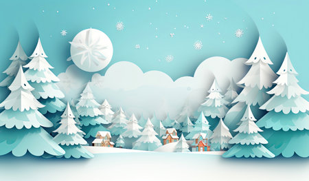 Merry Christmas or happy new year image in flat style with snow and trees, in the style of paper cut with copy spaceの素材