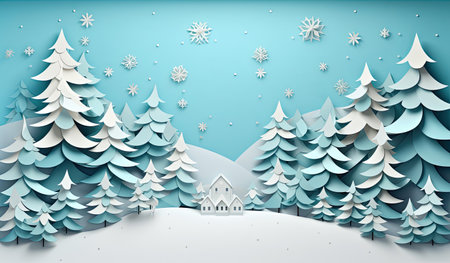 Merry Christmas or happy new year image in flat style with snow and trees, in the style of paper cut with copy spaceの素材
