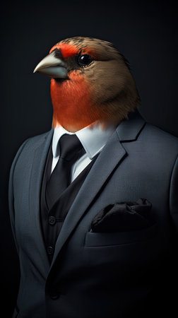 Portrait of a bullfinch bird of a businessman in a classic suit with tie on a dark background. Generative aiの素材