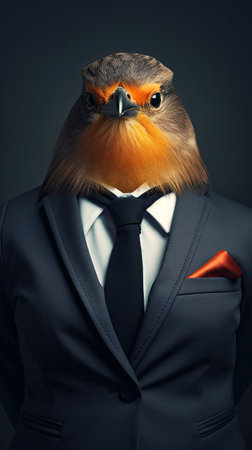 Frontal Portrait of a bullfinch bird of a businessman in a classic suit on a dark background. Generative aiの素材