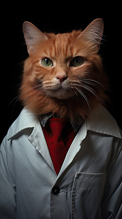 Portrait of a red doctor cat in a medical coat and with a phonendoscope. Black backgroundの素材