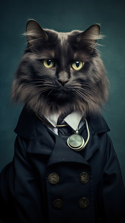 Portrait of a doctor black cat in a suit and with a phonendoscope. Black backgroundの素材