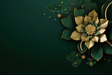 Green and gold floral banner background with golden flowers and copy space. Generative aiの素材