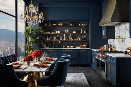 Kitchen exuding luxury. Deep navy walls create a rich backdrop for gold accents and marble countertops. City view from large windowの素材