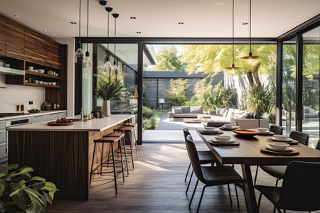 Garden view open kitchen with large table and light terrace. Generative aiの素材