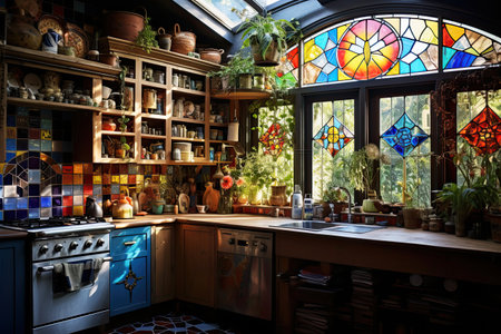 Kitchen with multicolored mosaic tiles on the walls. Open wooden shelves, vintage furniture pieces, and vibrant textilesの素材