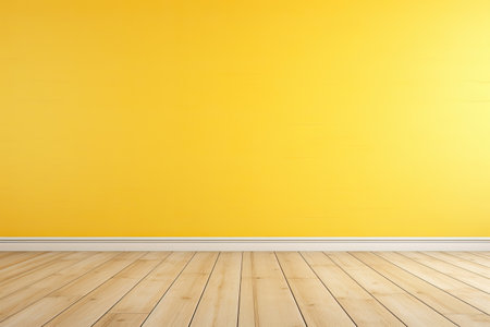 Painted Yellow saturated wall background with copy space, mock up room, parquet floor. Generative aiの素材