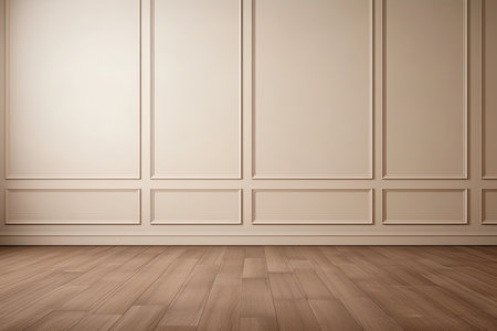 Beige classic wall background with copy space, mock up room, brown parquet floor. Generative aiの素材