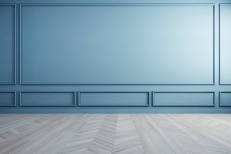 Blue classic wall background with copy space, mock up room, brown parquet floor. Generative aiの素材