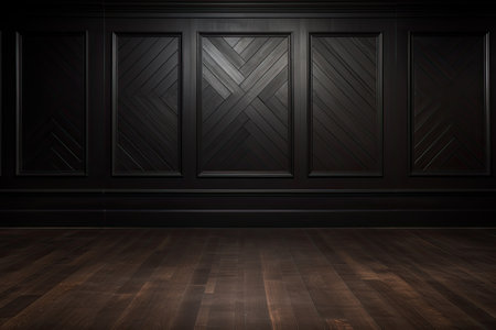 Dark brown classic wooden wall background with copy space, mock up room, parquet floor. Generative aiの素材
