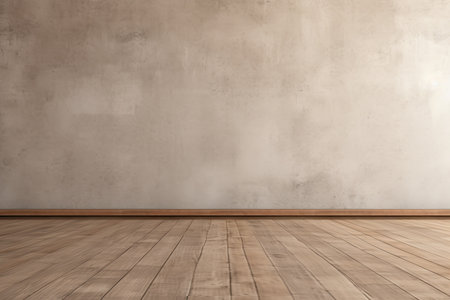 Modern concrete loft wall background, wooden parquet floor and window, copy space mock upの素材