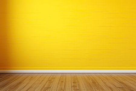 Painted Yellow wall background with copy space, mock up room, parquet floor. Generative aiの素材