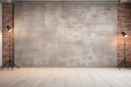 Modern concrete loft wall background, studio, parquet floor, copy space mock upの素材