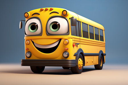 Cute friendly Cartoon character yellow color school bus on a blue background. Generative aiの素材