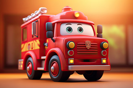 Cute Cartoon fire engine red color 3d Character in a garage. Generative aiの素材