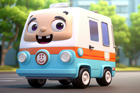 Funny Cartoon ambulance car Character, ultra detailed on trees background. Generative aiの素材