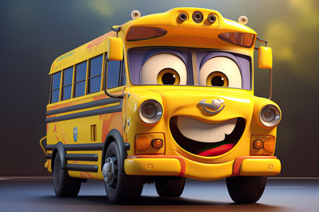 Cute friendly Cartoon character yellow color school bus on a street. Generative aiの素材