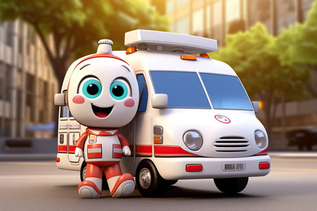 Cute smiling Cartoon doctor robot and ambulance car, ultra detailed on street background. Generative aiの素材