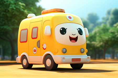 Cute smiling Cartoon yellow ambulance car Character, ultra detailed on street background. Generative aiの素材