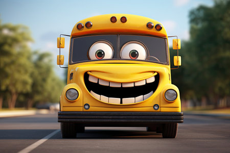 Cute friendly Cartoon character yellow color school bus on a street, front view. Generative aiの素材