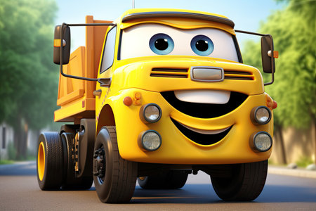 Smiling Cartoon truck Character, ultra detailed, orange color, on a street. Generative aiの素材