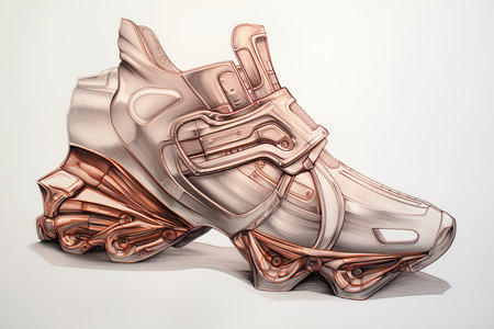Sketch metal shoes, pencil drawing, dynamic style, red sneakers prototype. Generative aiの素材