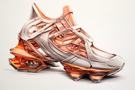 Sketch metal shoes, pencil drawing, dynamic style, orange Futuristic sneakers. Generative aiの素材