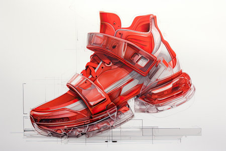 Sketch metal shoes, pencil drawing, dynamic style, orange Futuristic sneakers. Generative aiの素材