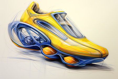 Sketch prototype shoes, pencil drawing ,dynamic style, Futuristic sneakers in blue and yellow colorsの素材