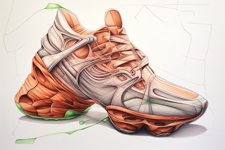 Sketch metal shoes, pencil drawing ,dynamic style, red Futuristic sneakers with fabric top. Generative aiの素材