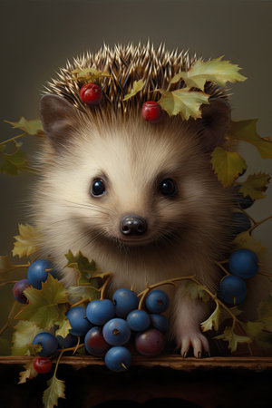 ?ute hedgehog with floral leaves on his head and berries, in the style of animalier. Generative aiの素材
