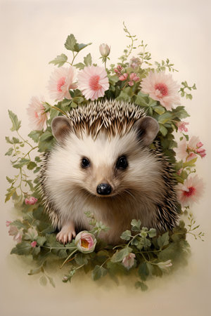 ?ute hedgehog with pink flowers and leaves on his head, in the style of animalier. Generative aiの素材