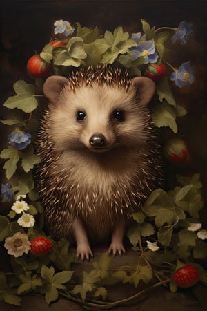 ?ute hedgehog with floral leaves on his head and strawberries, in the style of animalier. Generative aiの素材