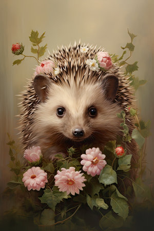 ?ute hedgehog with floral leaves on his head and berries, in the style of animalier. Generative aiの素材