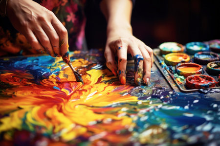 A close-up shot of the artist's woman hands, mixing paint on a paletteの素材