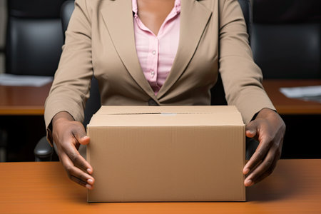 ?conception of dismissal from work. ?lose-up cardboard box held by an sad former office female worker, who was fired as managerの素材